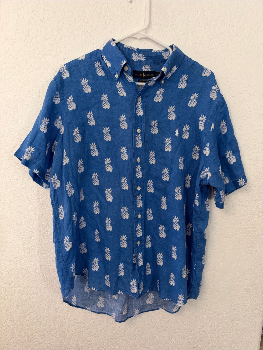 Ralph Lauren Blue Short-Sleeve Pineapple Button-Down Shirt
